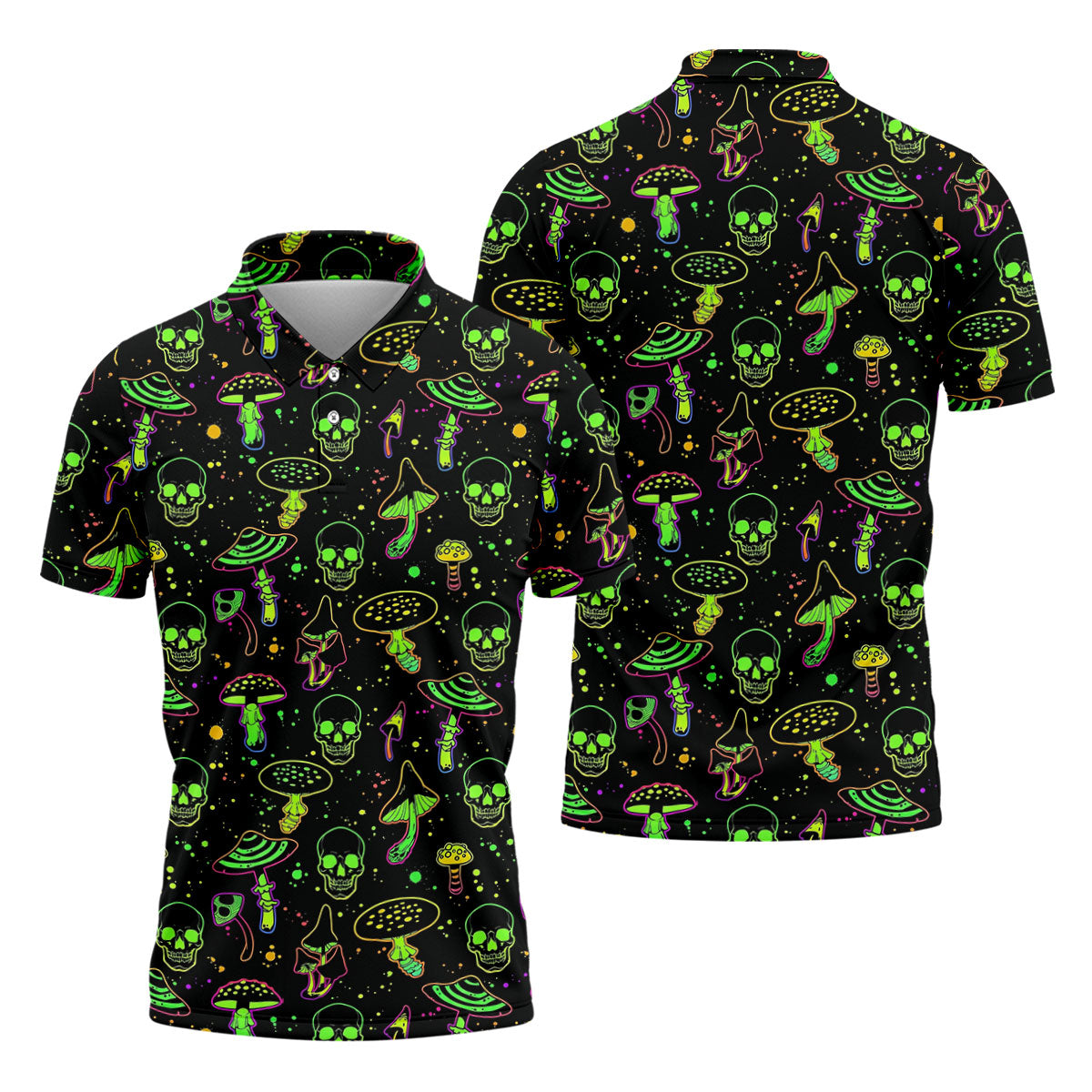 Mushroom And Skull Neon Pattern Hawaiian Golf Shirt, Men's Funny Golf Shirts