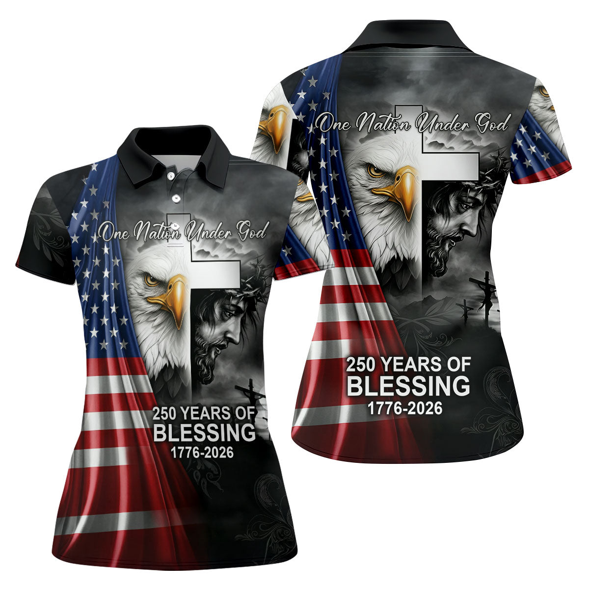 One Nation Under God 250 Years Of Blessing Faith Cross US Flag Golf Shirt, 4th Of July Golf Shirt For Women