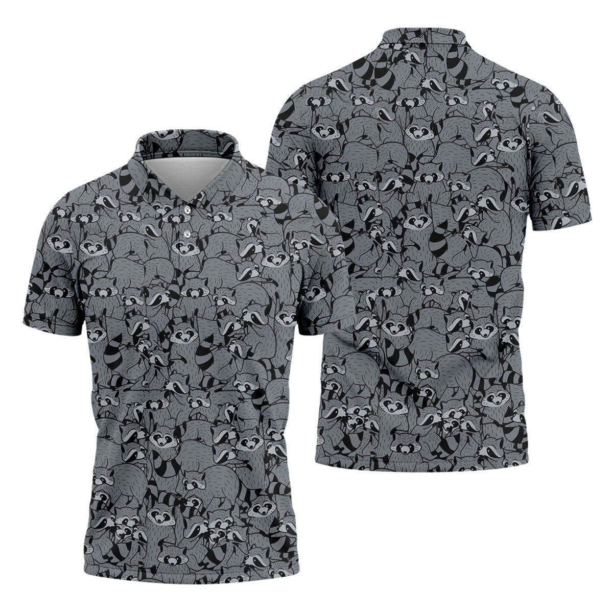 Gray Cartoon Raccoon Pattern Golf Polo Shirt, Men's Golf Shirt, Golf Polo Shirts For Men
