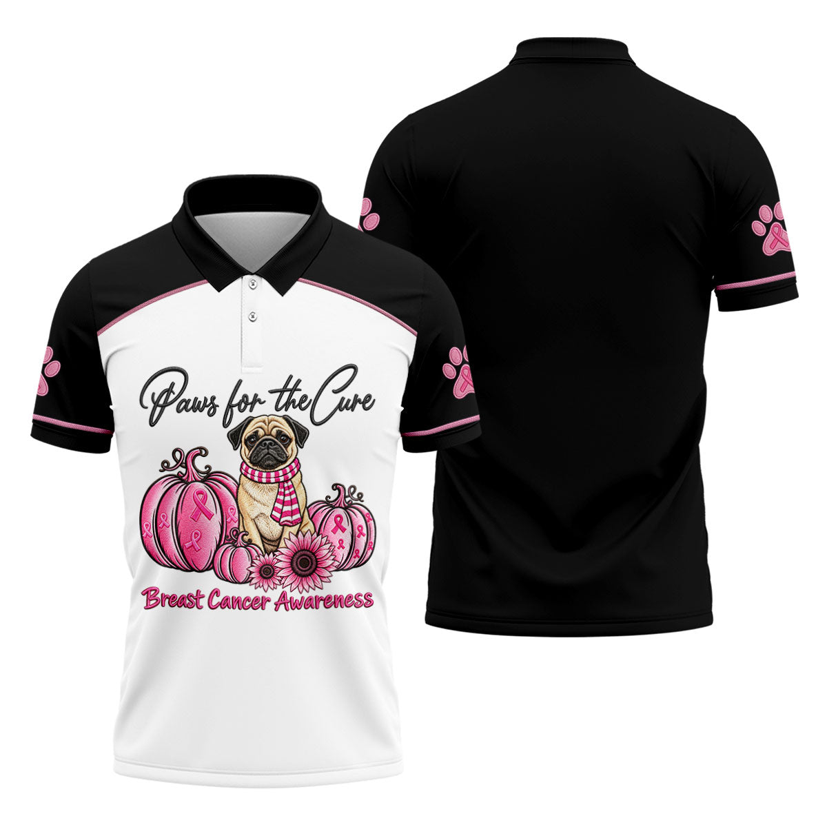 Paws For The Cure Pug Breast Cancer Polo Shirt, Golf Shirts For Men, Mens Golf Apparel