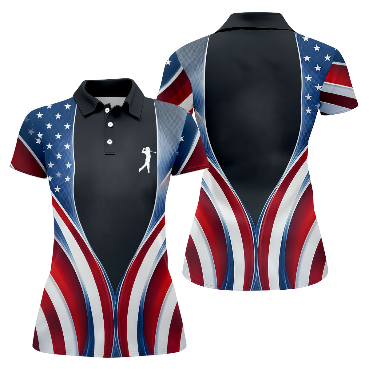 Red White Blue Wavy Stripes Patriotic Golf Shirt, 250 Years 4th Of July Golf Shirt For Women