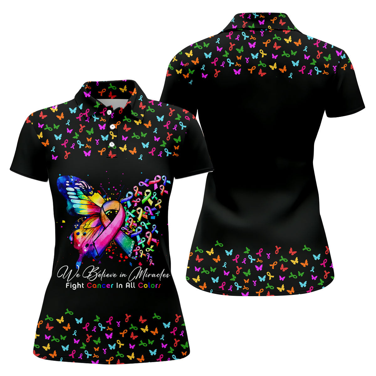 We Believe In Miracles Butterfly Breast Cancer Shirt, Women's Golf Tops, Ladies Golf Top