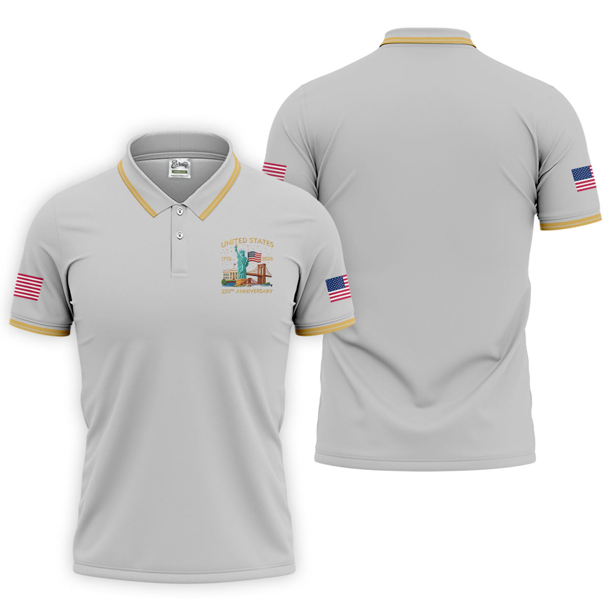 American Symbols Grey Patriotic Golf Shirt, US 250 Years 4th Of July Golf Shirts For Men