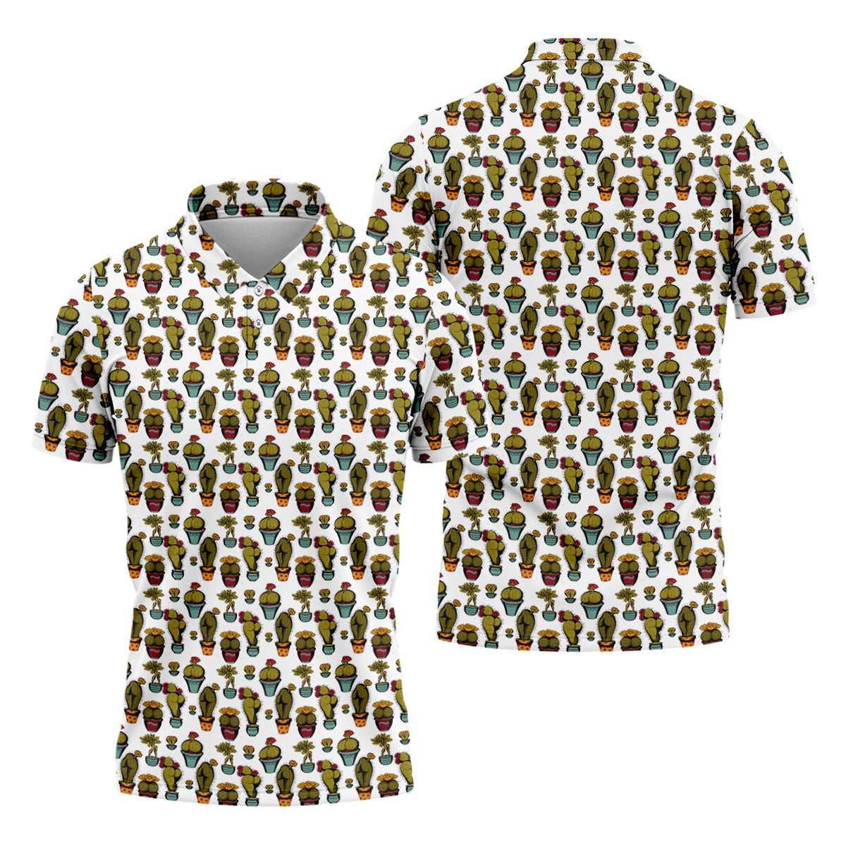 Cute Potted Cactus Pattern Golf Polo Shirt, Golf Apparel For Men, Printed Golf Shirts