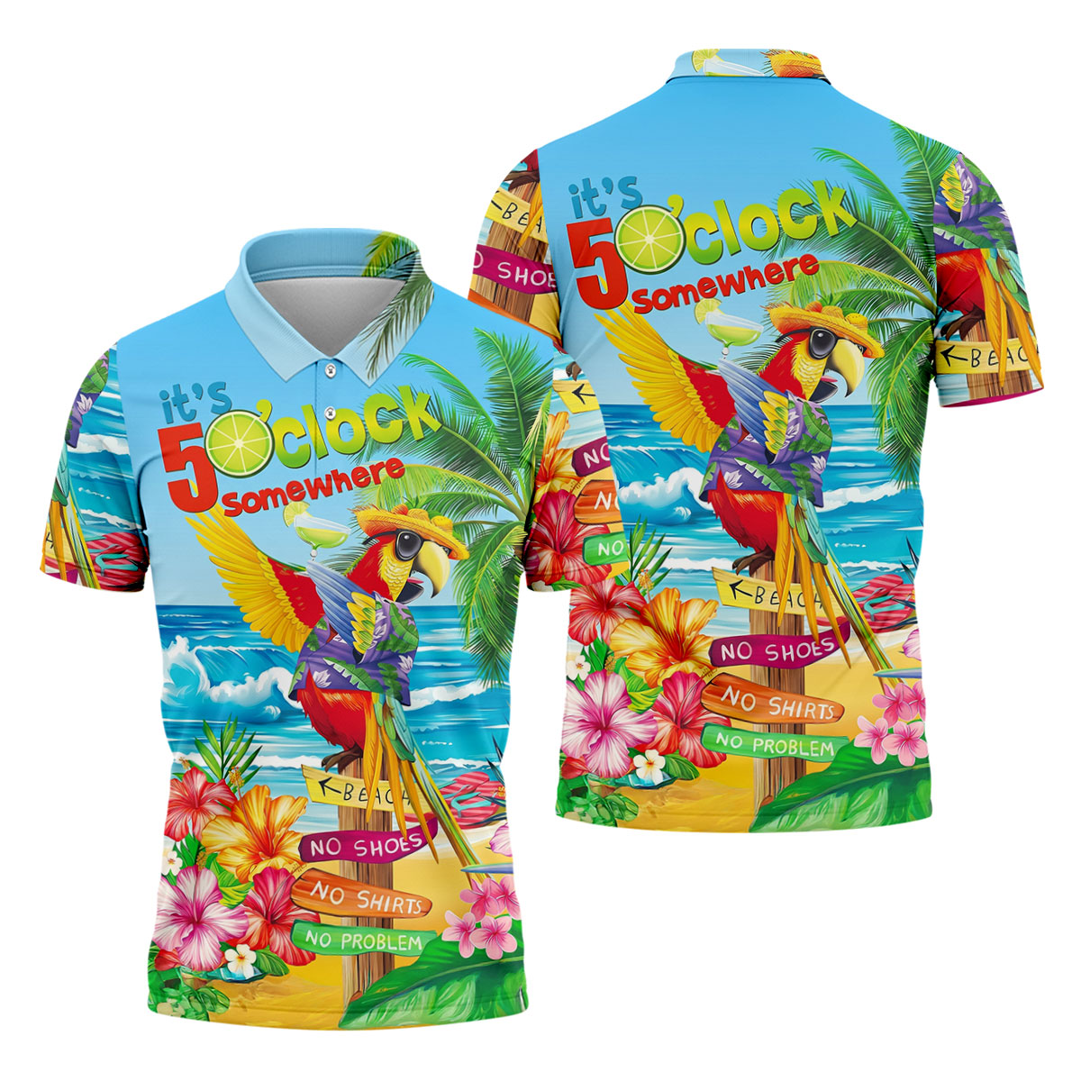 It's 5 O'Clock Somewhere Tropical Parrot Hawaiian Golf Shirt, Men's Funny Golf Shirts
