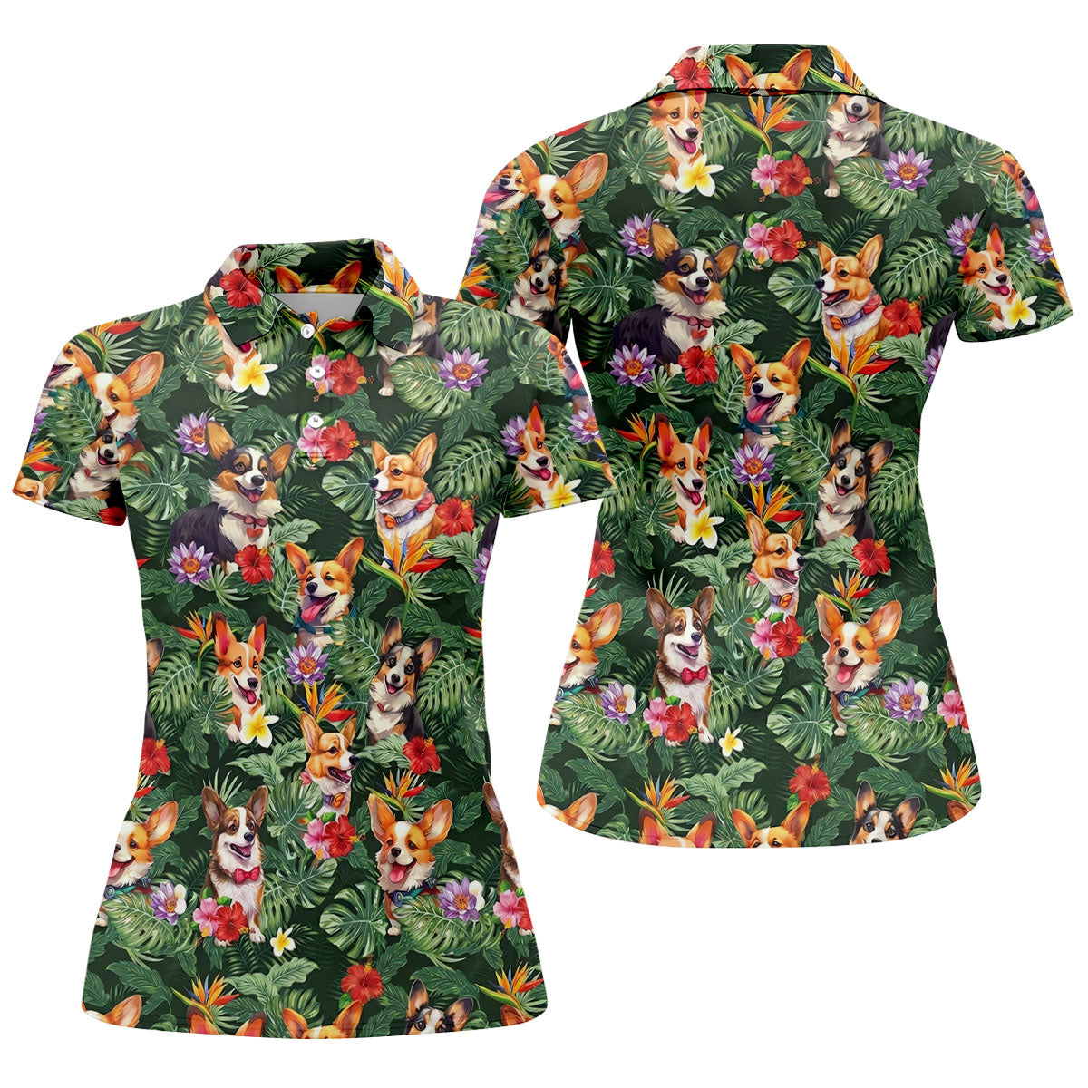 Tropical Corgi Dog Hawaiian Golf Polo Shirt, Golf Shirts For Women, Women's Golf Apparel