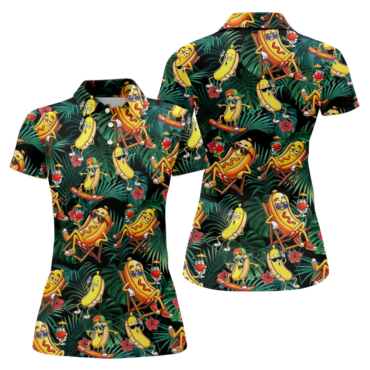 Funny Hot Dog Banana Tropical Hawaiian Golf Shirt, Womens Golf Tops, Ladies Golf Shirts