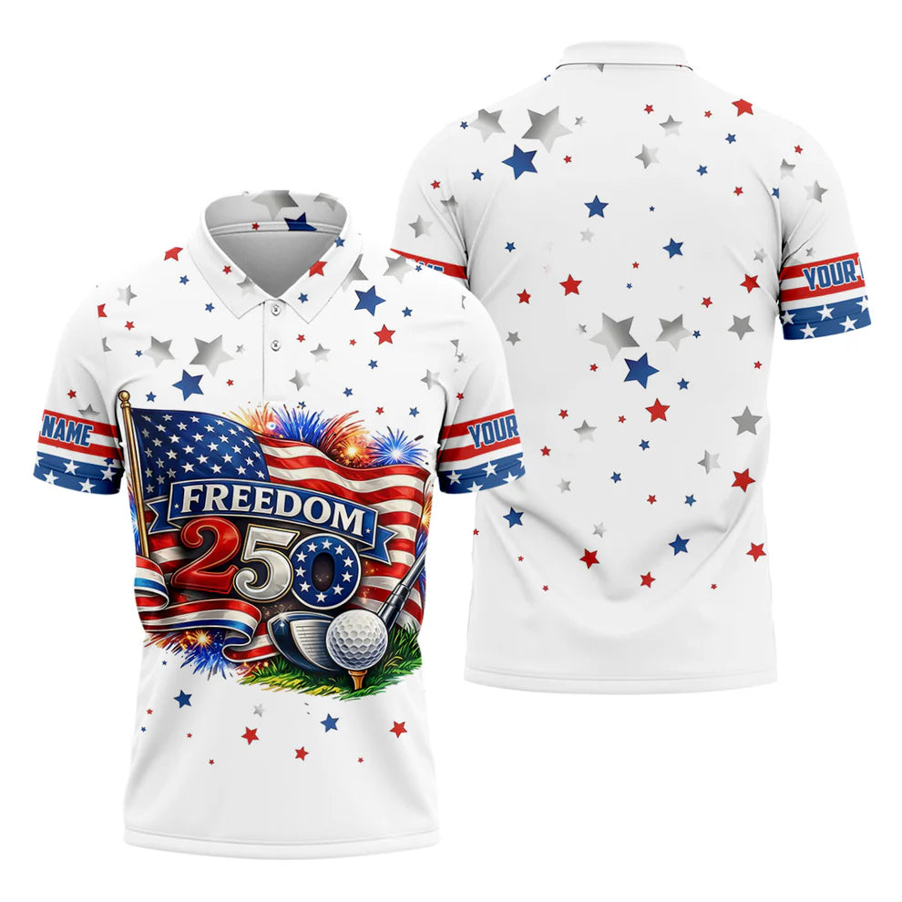 Freedom 250 Independence Celebration American Flag Golf Shirt, Patriotic 4th Of July Golf Shirts For Men