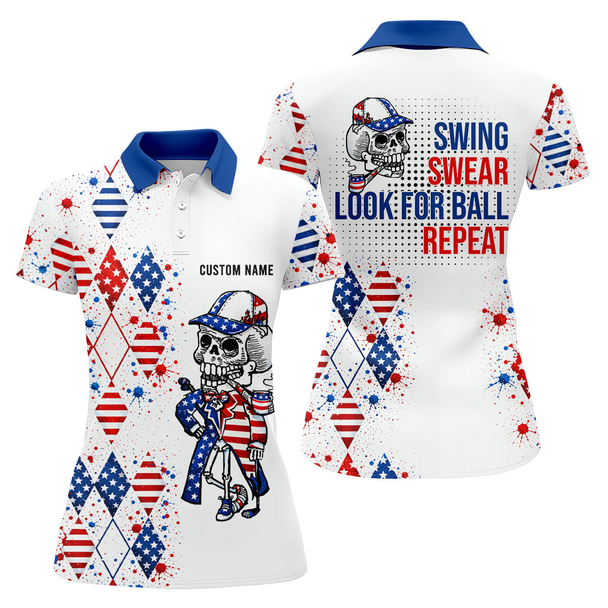 Swing Swear Look For Ball Repeat Red White Blue Argyle Golf Shirt, 250 Years Golf Shirt For Women