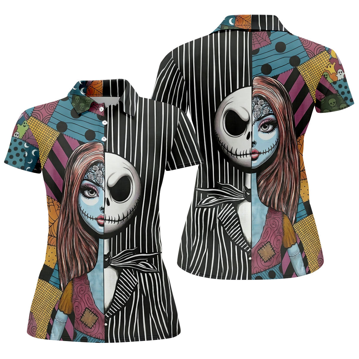 Half Sally And Jack Horror Character Golf Polo Shirt, Women's Golf Polo, Ladies Golf Shirts