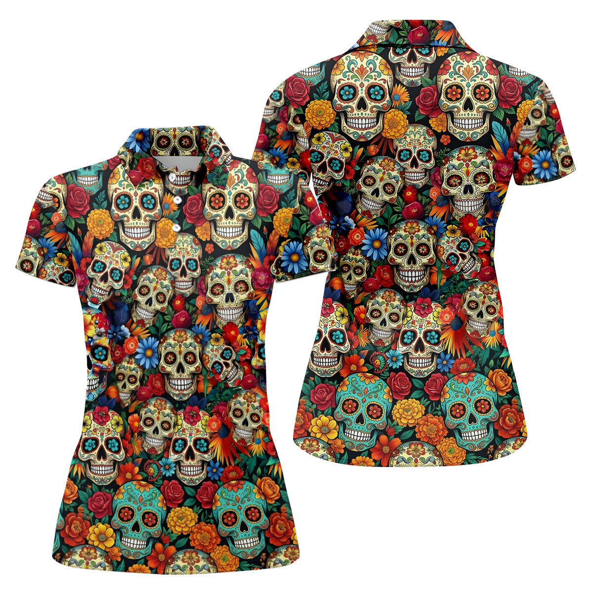 Decorated Skulls Cinco De Mayo Celebration Fiesta Themed Floral Pattern Golf Shirt For Women