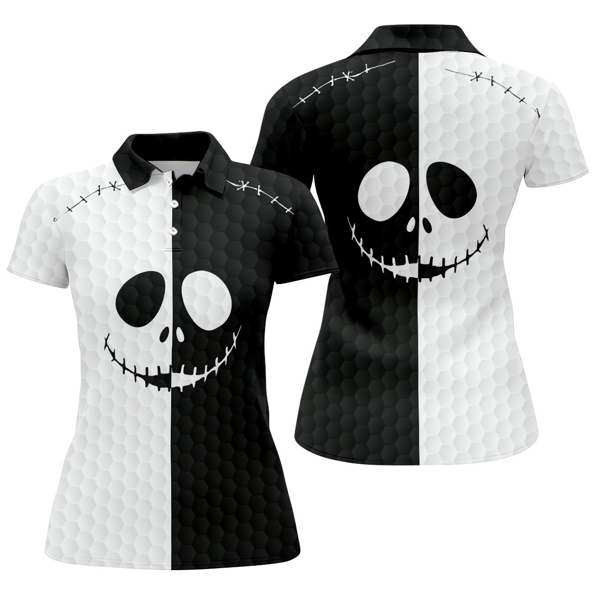 Black White Skull Face Halloween Golf Polo Shirt, Womens Golf Tops, Hawaiian Golf Shirt