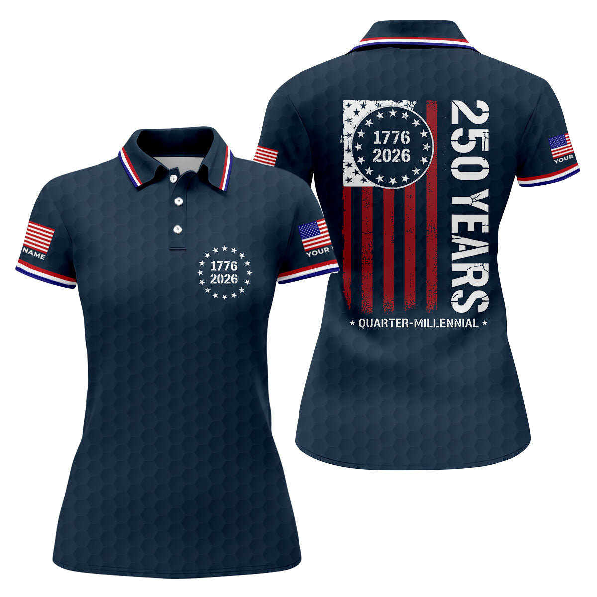 250 Years Quarter Millennnial Golf Ball Pattern Navy Patriotic Golf Shirt, 4th Of July Golf Shirt For Women