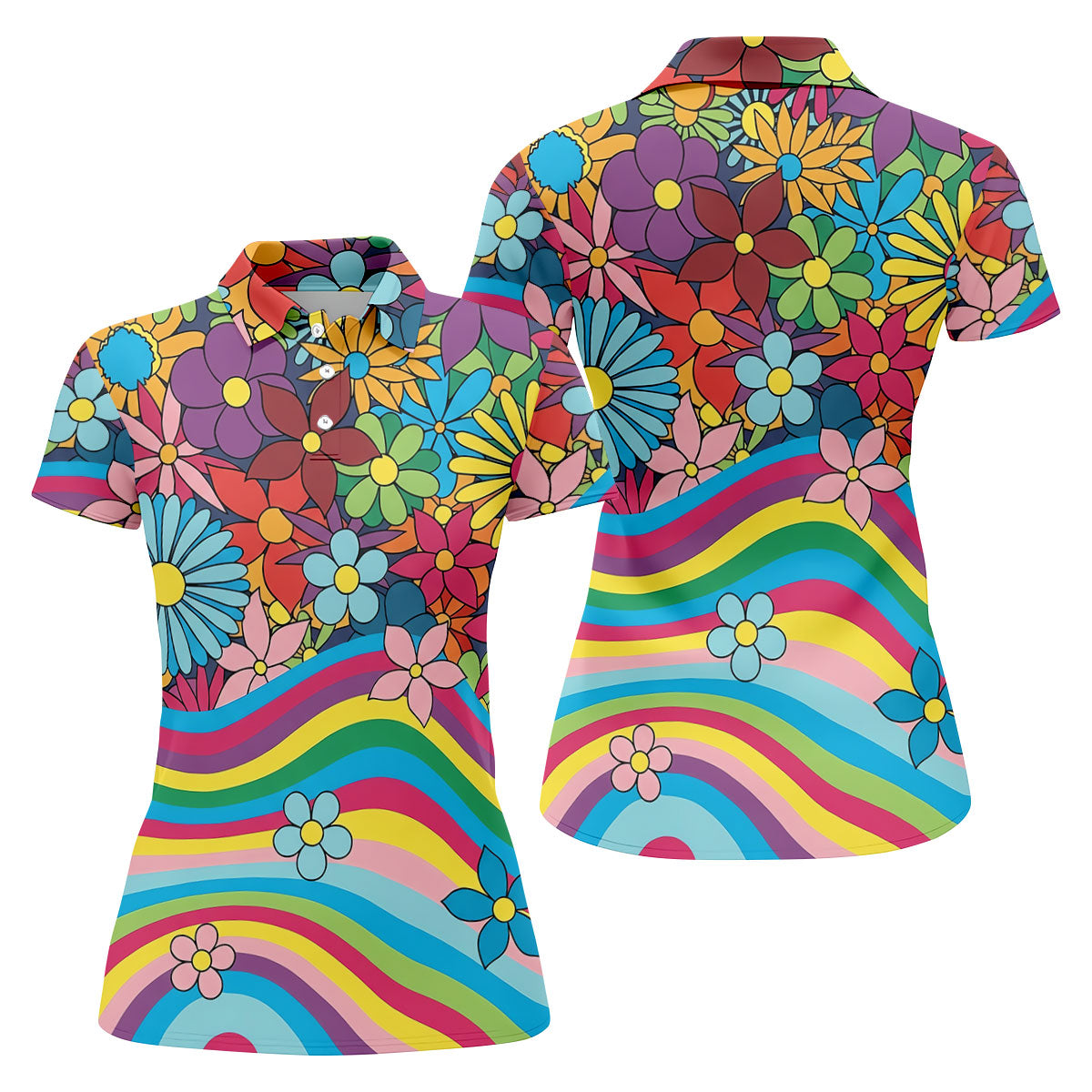 Retro Rainbow Floral Hippie Hawaiian Golf Shirt, Golf Shirts For Women, Women’s Golf Apparel