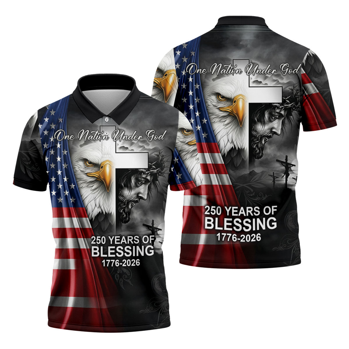 One Nation Under God 250 Years Of Blessing Faith Cross US Flag Golf Shirt, 4th Of July Golf Shirts For Men