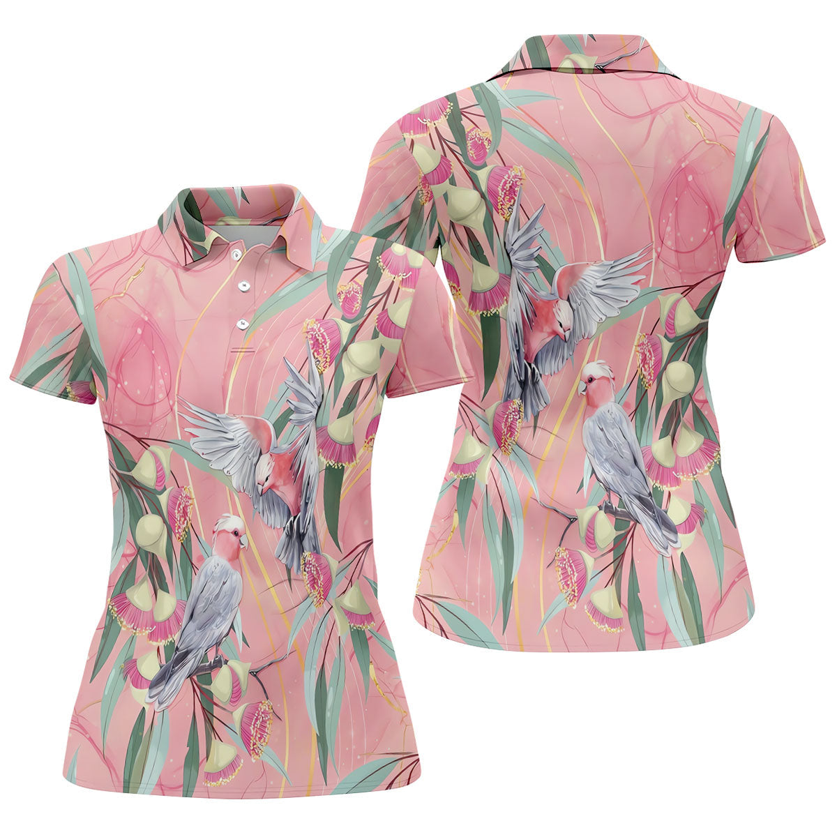 Pink Cockatoo Eucalyptus Floral Polo Shirt, Hawaiian Golf Shirt, Golf Tops For Women