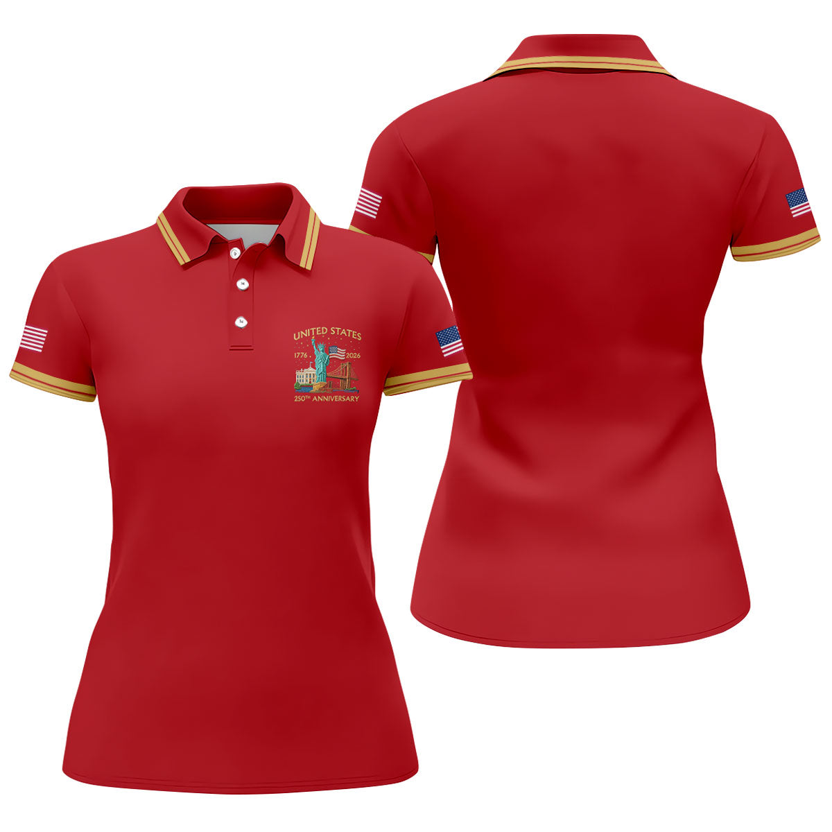 American Symbols Red Patriotic Golf Shirt, US 250 Years 4th Of July Golf Shirt For Women