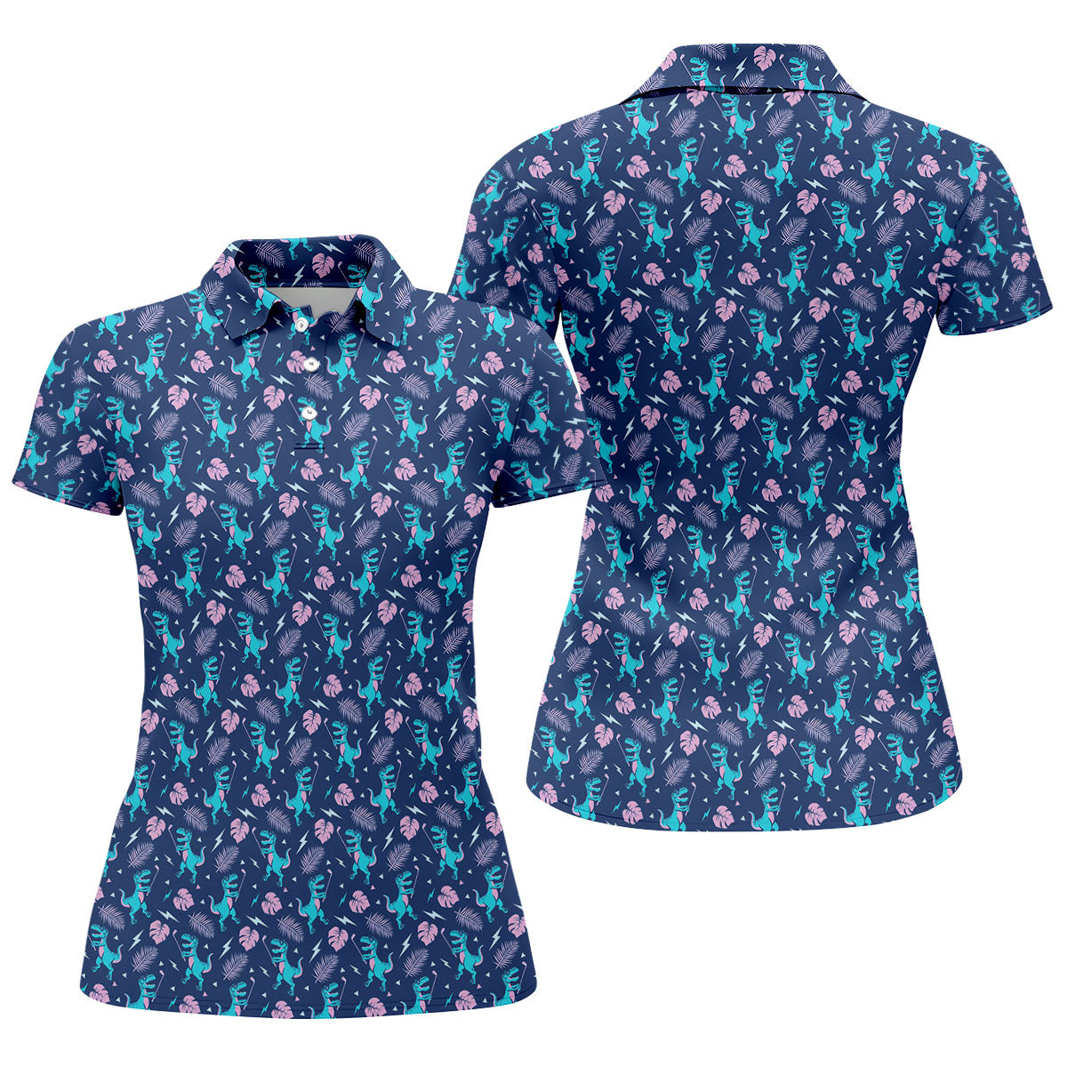 Funny Dinosaur Golfer Tropical Pattern Polo Shirt, Womens Golf Tops, Ladies Golf Shirts