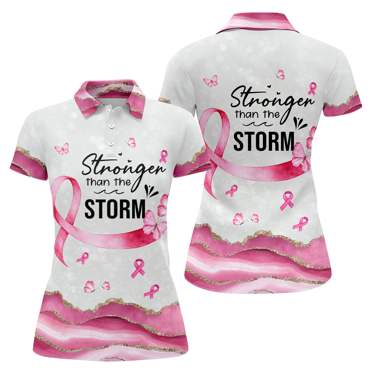 Stronger Than The Storm Breast Cancer Polo Shirt, Golf Tops For Women, Ladies Golf Top