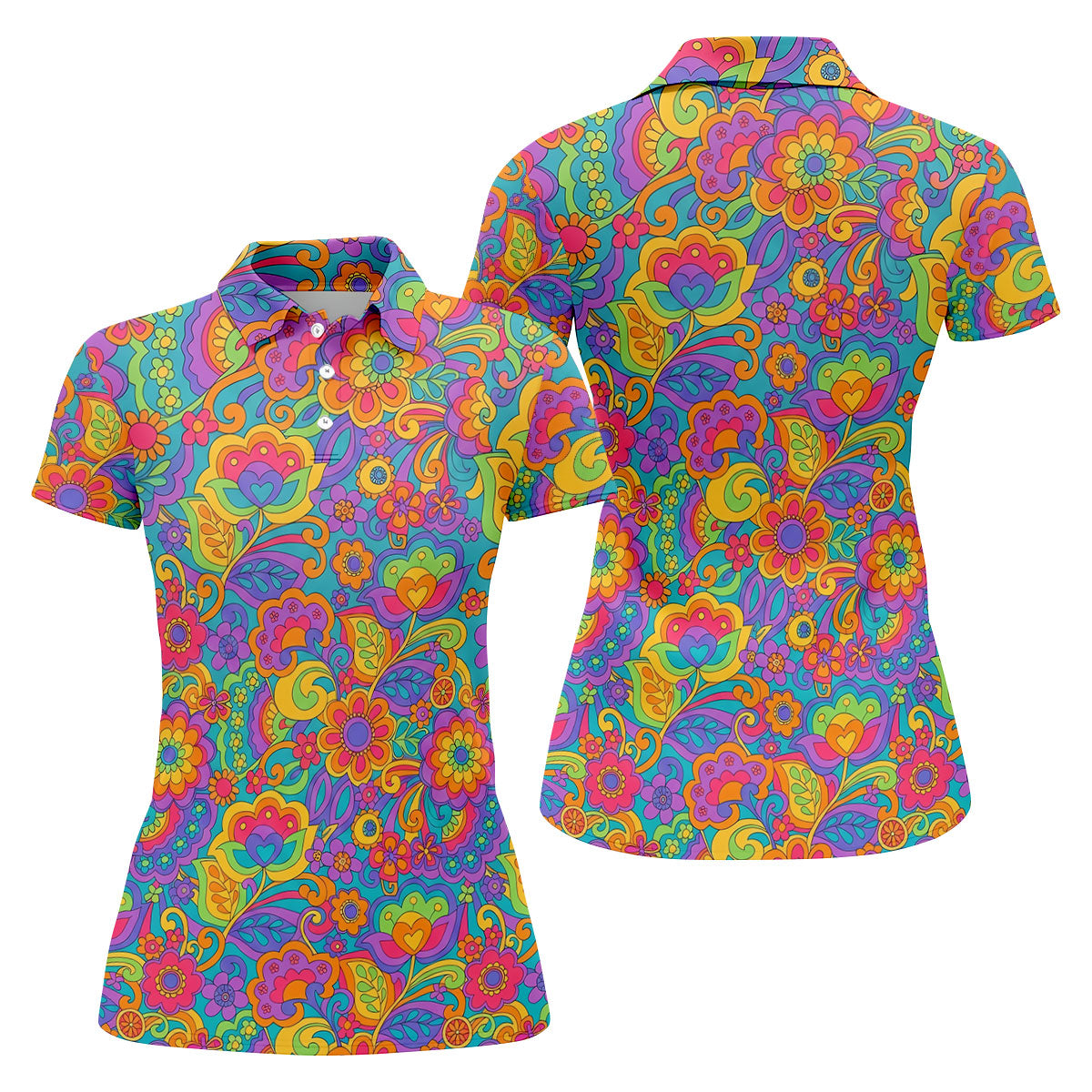 Vintage Psychedelic Floral Pattern Hawaiian Golf Shirt, Women’s Golf Tops, Golf Shirts For Women