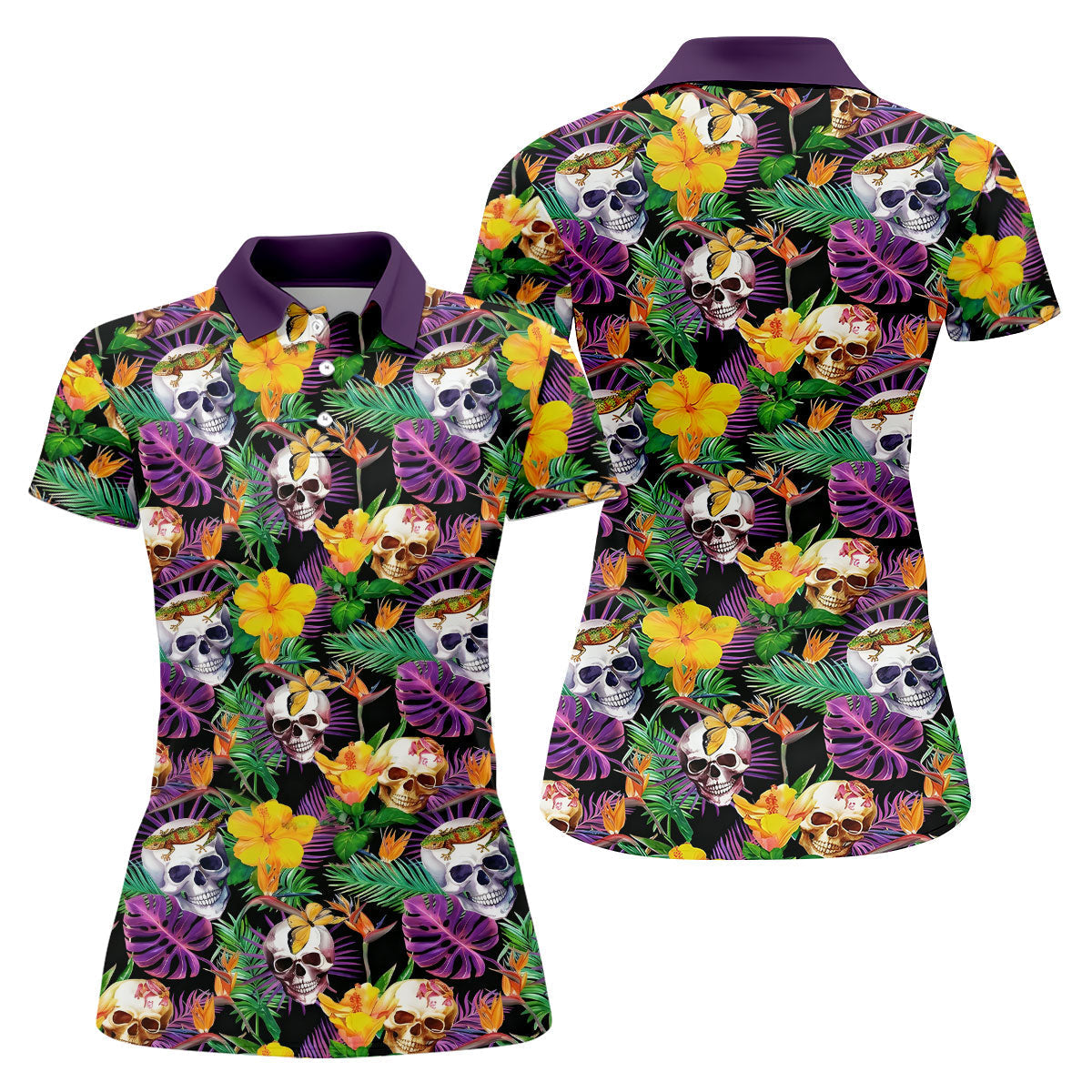 Tropical Sugar Skull Floral Golf Polo Shirt, Golf Tops For Women, Performance Golf Shirt