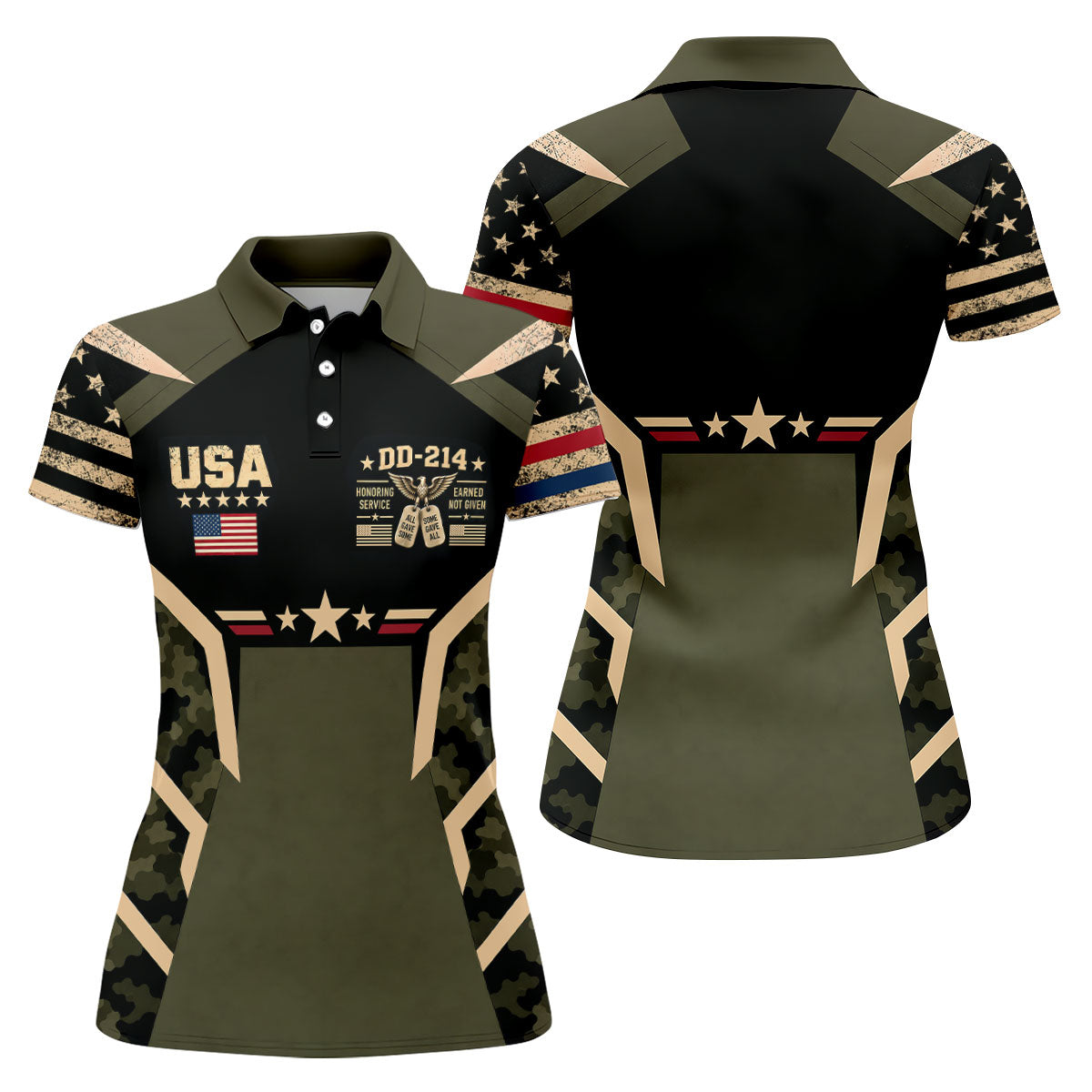 DD-214 USA Stars Camo Golf Polo Shirt, Womens Golf Shirts, Veterans Day Golf Shirt
