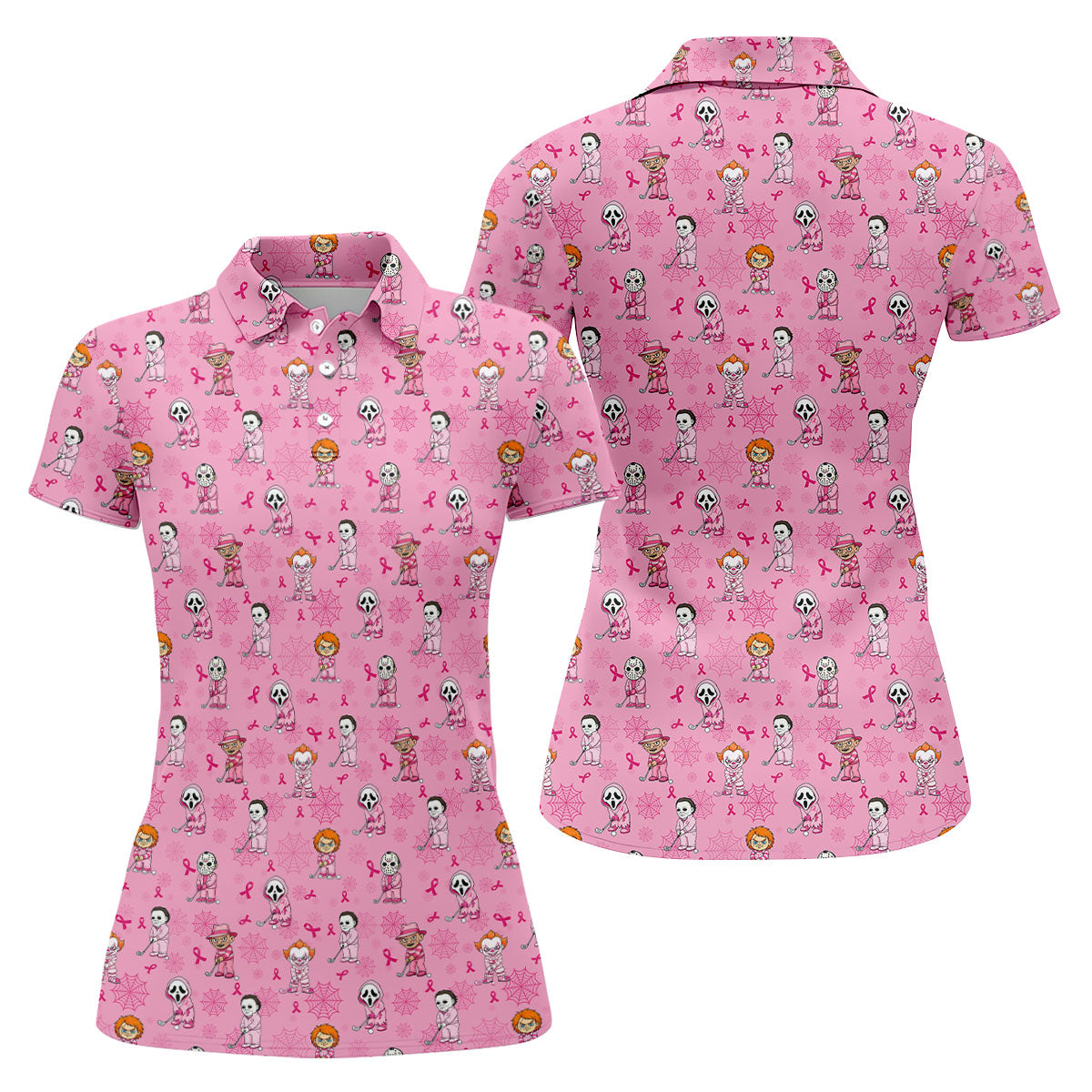 Pink Halloween Horror Breast Cancer Polo Shirt, Women's Golf Polo, Golf Tops For Women