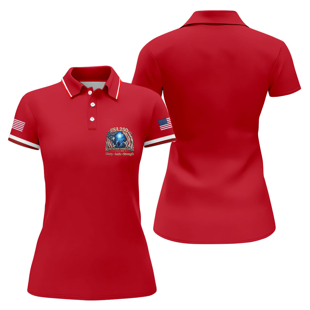 One Nation Under God Faith Cross USA 250 Logo Red Golf Shirt, 4th Of July Golf Shirt For Women