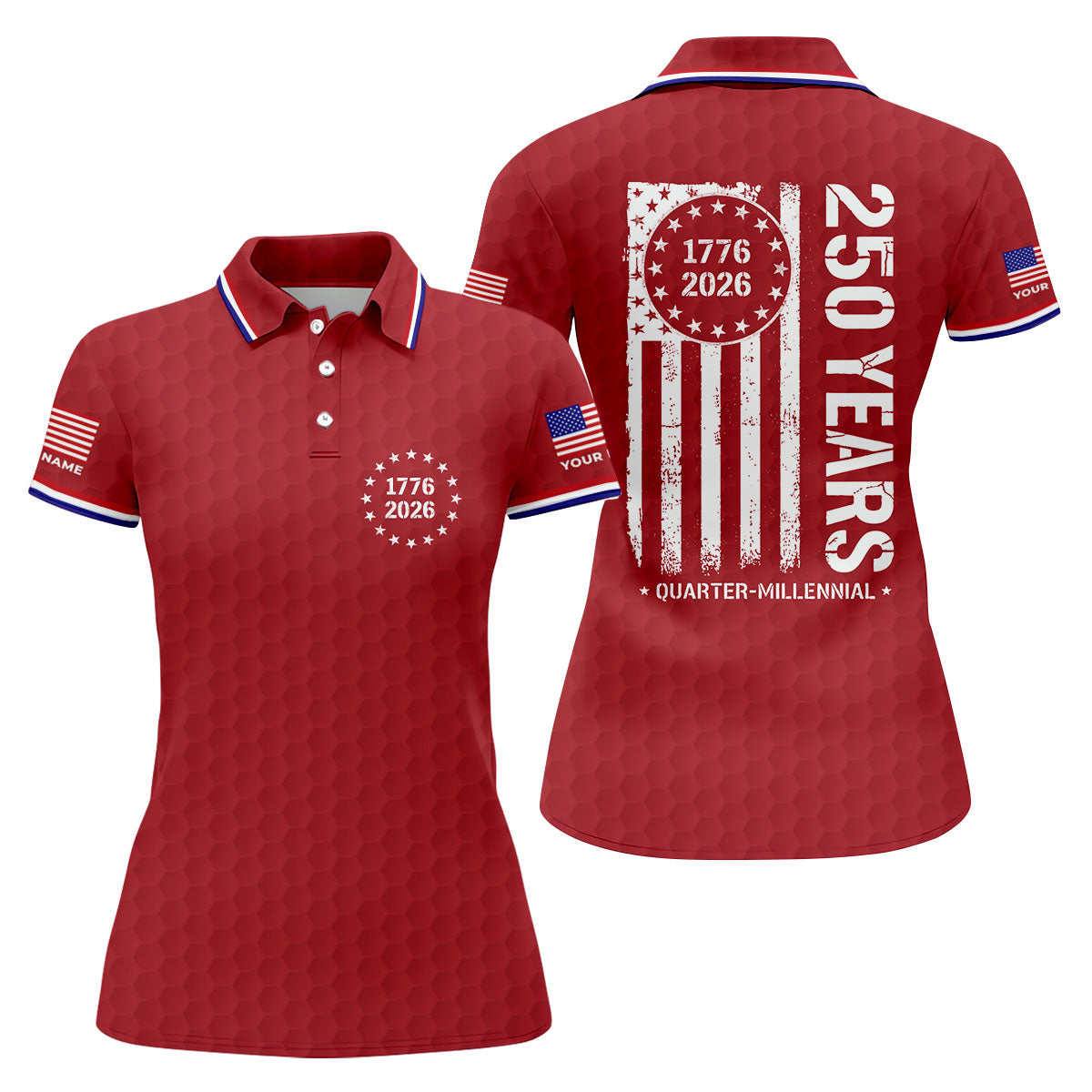 250 Years Quarter Millennnial Golf Ball Pattern Red Patriotic Golf Shirt, 4th Of July Golf Shirt For Women
