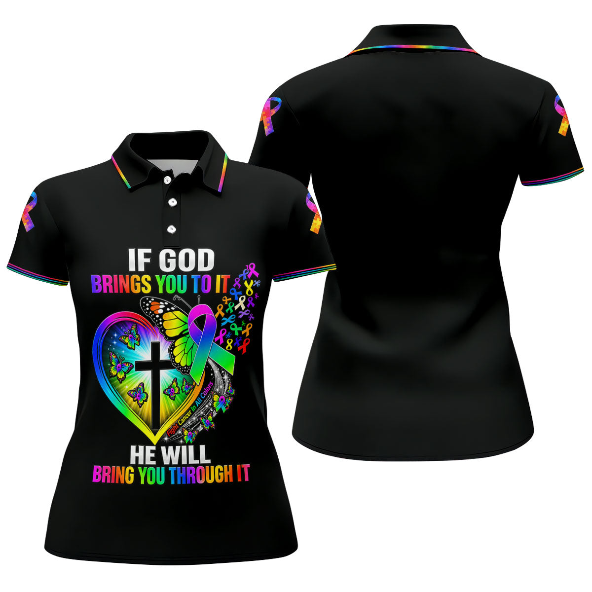 If God Brings You To It Butterfly Cancer Polo Shirt, Ladies Golf Tops, Printed Golf Shirt