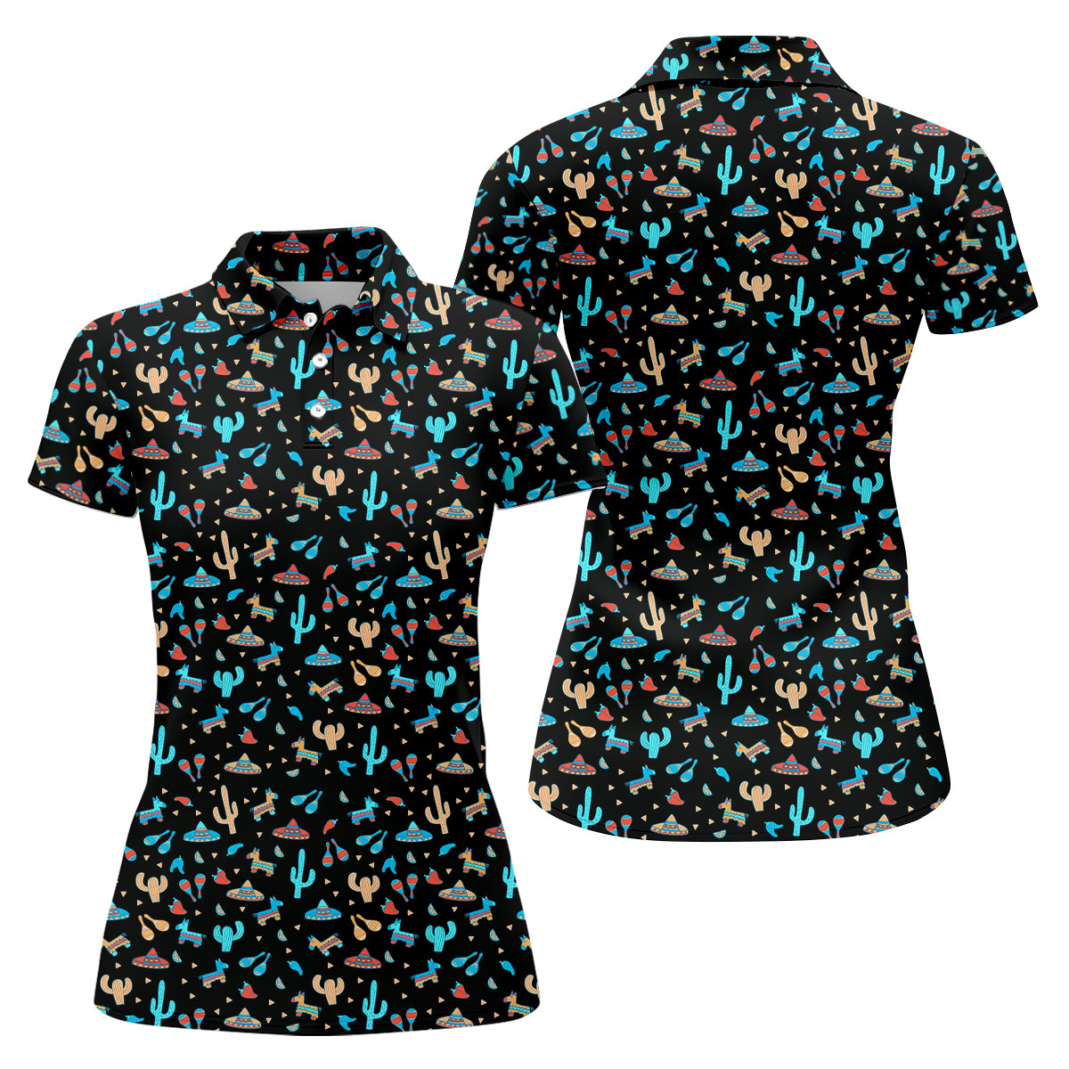 Blue And Beige Cacti Mini Pinatas Cinco De Mayo Celebration Fiesta Themed Golf Shirt For Women