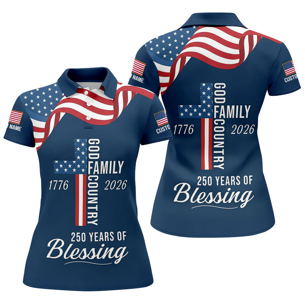 God Family Country Faith Cross 250 Years Of Blessing US Flag Golf Shirt, Golf Shirt For Women