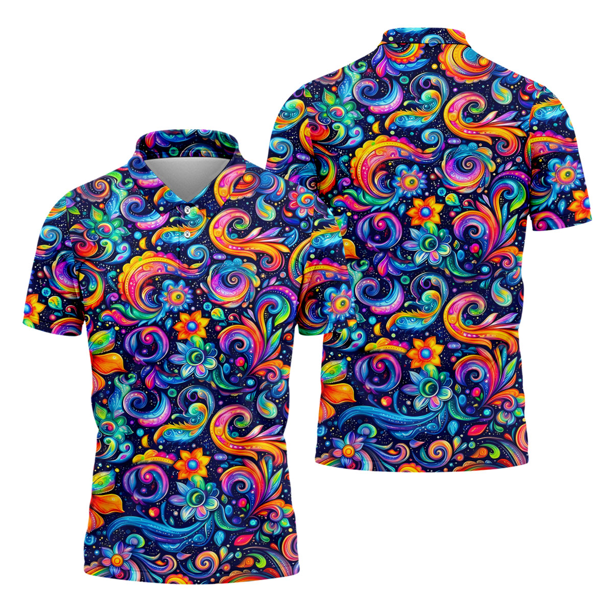 Colorful Psychedelic Swirl Floral Hawaiian Golf Shirt, Mens Golf Shirts, Golf Apparel For Men