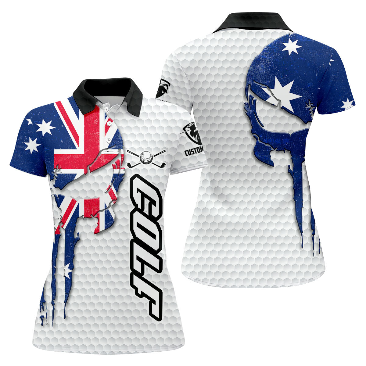 Cool Skull Golf Ball Pattern Australia Flag Print White Golf Shirt, Golf Shirt For Women