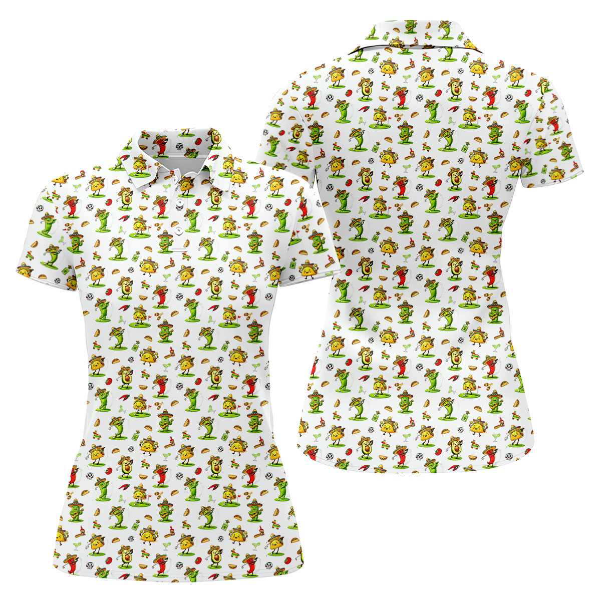 Mexican Cartoon Food Characters Cinco De Mayo Celebration Fiesta Themed White Golf Shirt For Women