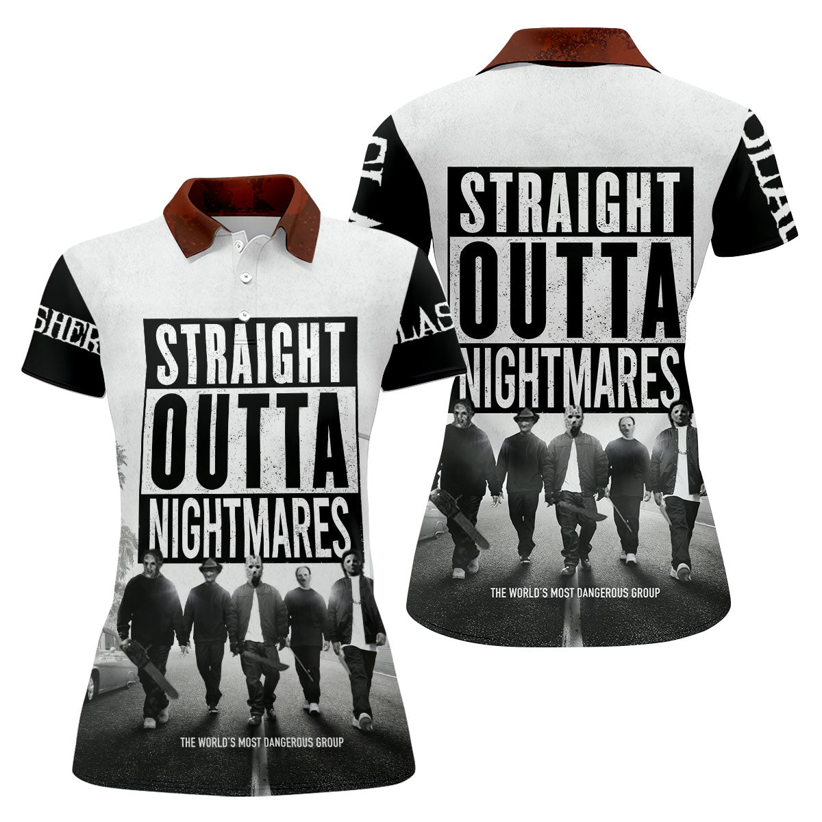 Straight Outta Nightmares Horror Character Golf Polo Shirt, Womens Golf Polo, Ladies Golf Shirts