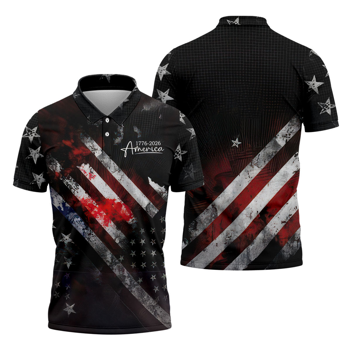 1776-2026 America Distressed Flag Black Golf Shirt, Patriotic 4th Of July Golf Shirts For Men