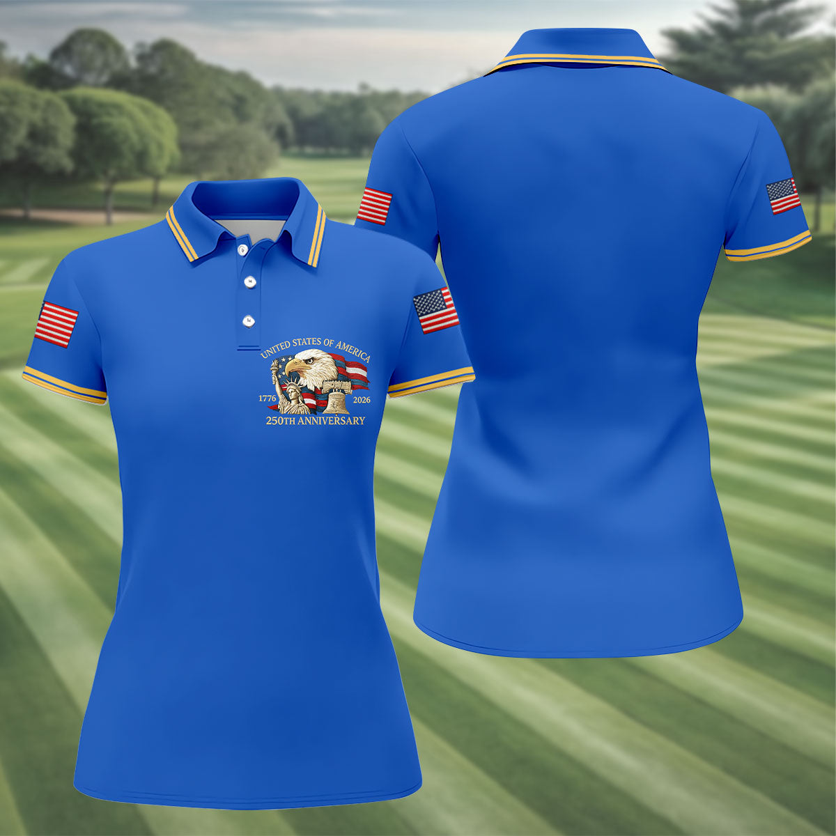 Bald Eagle American Flag 250 Years Blue Golf Shirt, Patriotic 4th Of July Golf Shirt For Women