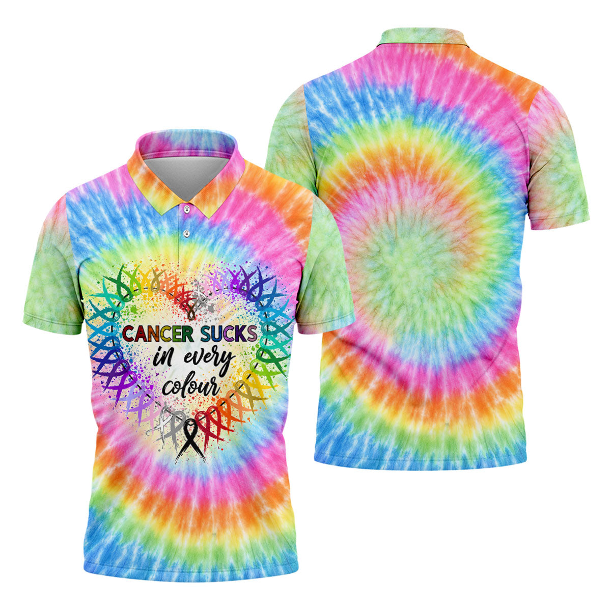 Cancer Sucks In Every Colour Tie Dye Ribbon Polo Shirt, Men's Golf Shirt, Mens Golf Polo