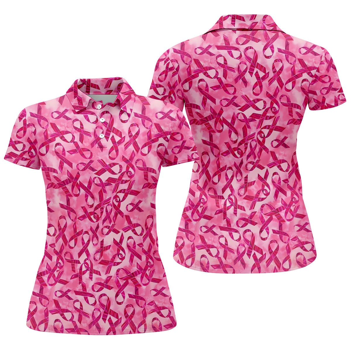 Pink Ribbon Breast Cancer Pattern Polo Shirt, Ladies Golf Shirt, Golf Tops For Women