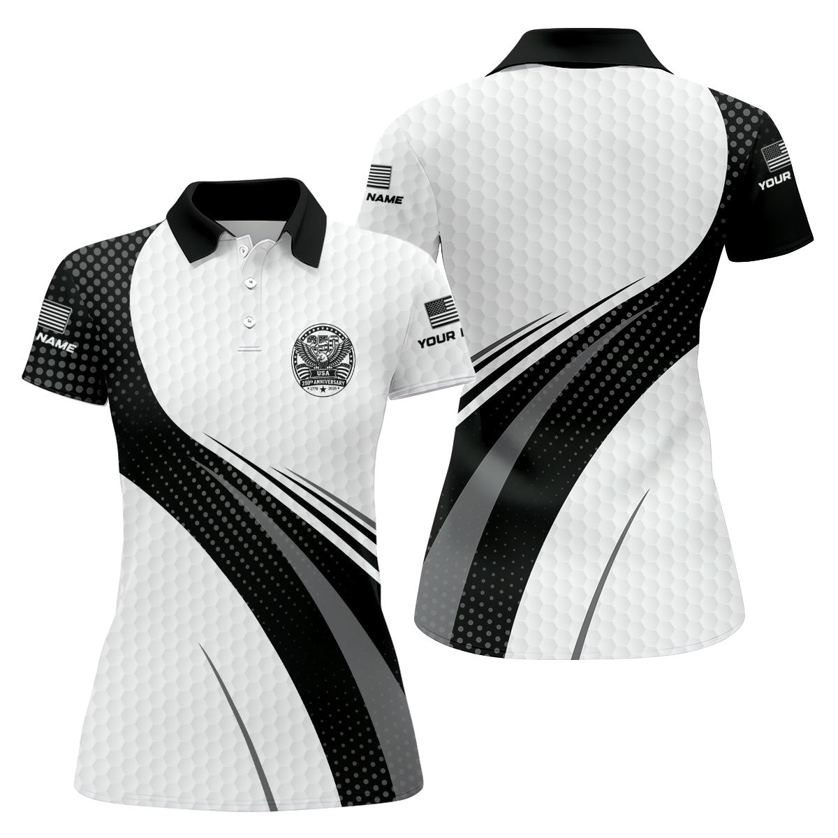 USA 250th Anniversary Black And White Golf Ball Pattern Ladies Golf Tops, Patriotic Golf Shirt For Women