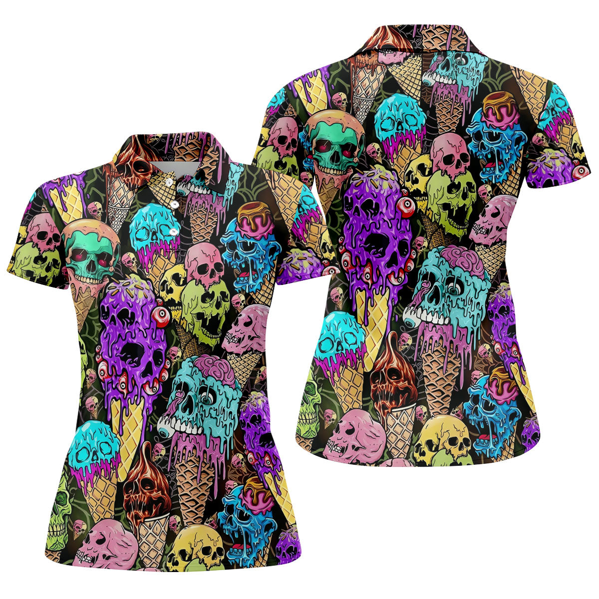 Melting Skull Ice Cream Halloween Golf Shirt, Golf Shirts For Women, Women's Golf Apparel