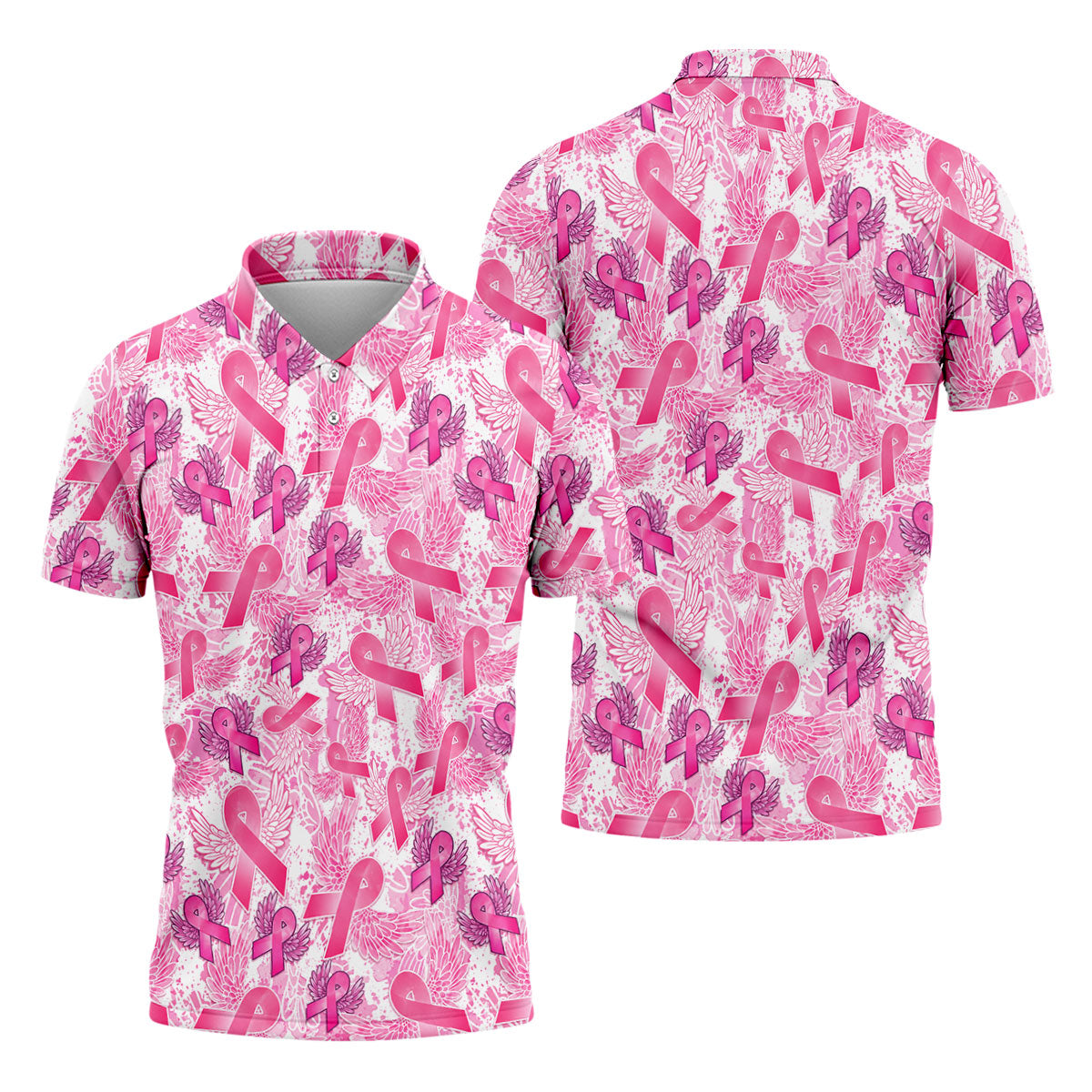 Breast Cancer Pink Ribbon Angel Wings Polo Shirt, Men's Golf Shirt, Golf Apparel For Men
