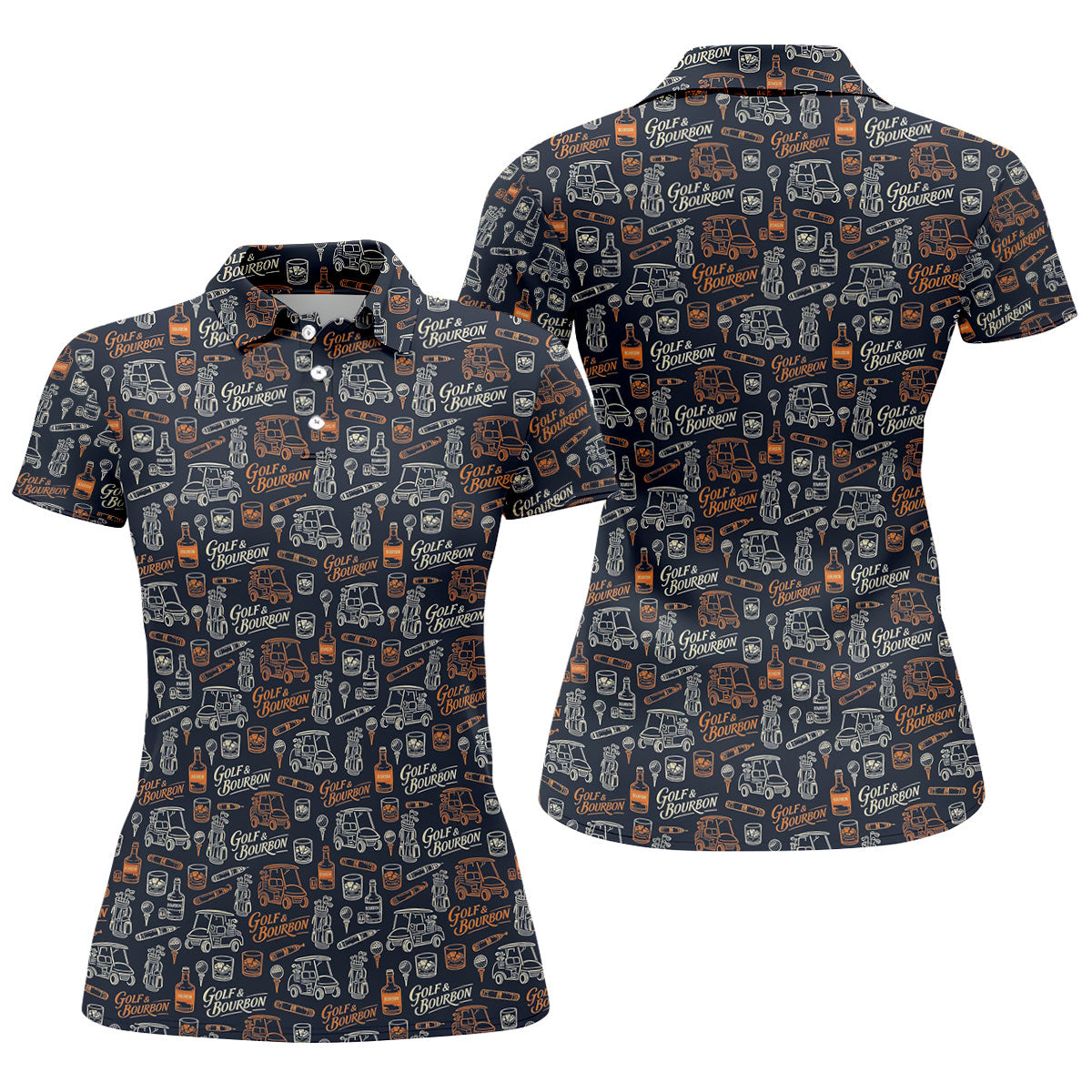 Funny Golf Bourbon Cigar Pattern Polo Shirt, Women’s Golf Polo, Golf Shirts For Women
