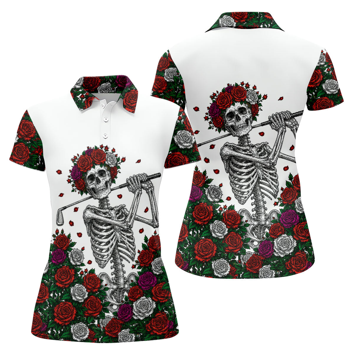 Rose Crown Skeleton Golfer Halloween Polo Shirt, Golf Tops For Women, Ladies Golf Top