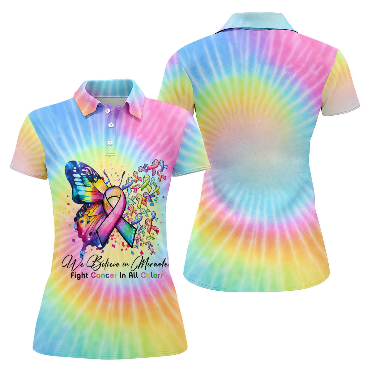 We Believe In Miracles Cancer Ribbon Polo Shirt, Women's Golf Polo, Golf Tops For Women