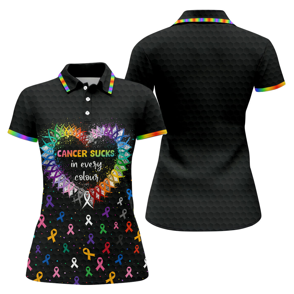 Cancer Sucks In Every Colour Awareness Ribbon Golf Polo Shirt, Golf Tops For Women