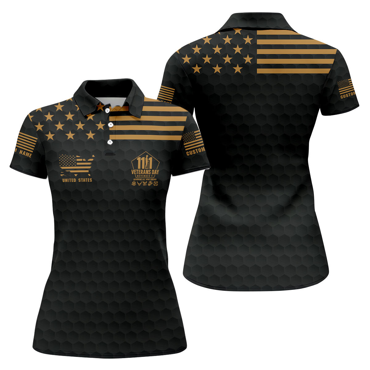 Custom Name Gold Star Veterans Day Polo Shirt, Womens Golf Polo, Golf Tops For Women