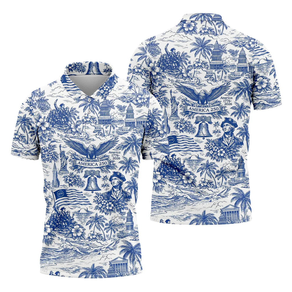 250 Years Of America Tropical Vibe Vintage Golf Polo Shirt, Patriotic 4th Of July Golf Shirts For Men