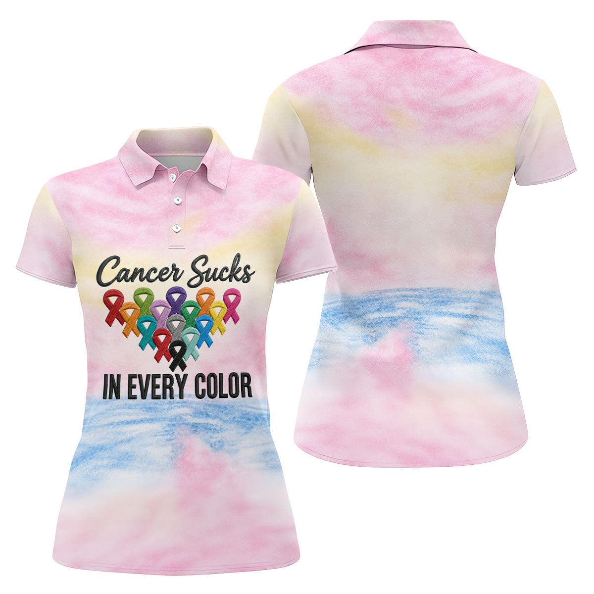 Cancer Sucks In Every Color Ribbon Polo Shirt, Ladies Golf Tops, Women’s Golf Polo